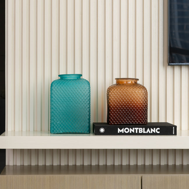 Speckle textured glass vase in light blue and amber with light-catching finish, decorative vase available in two sizes for modern home décor