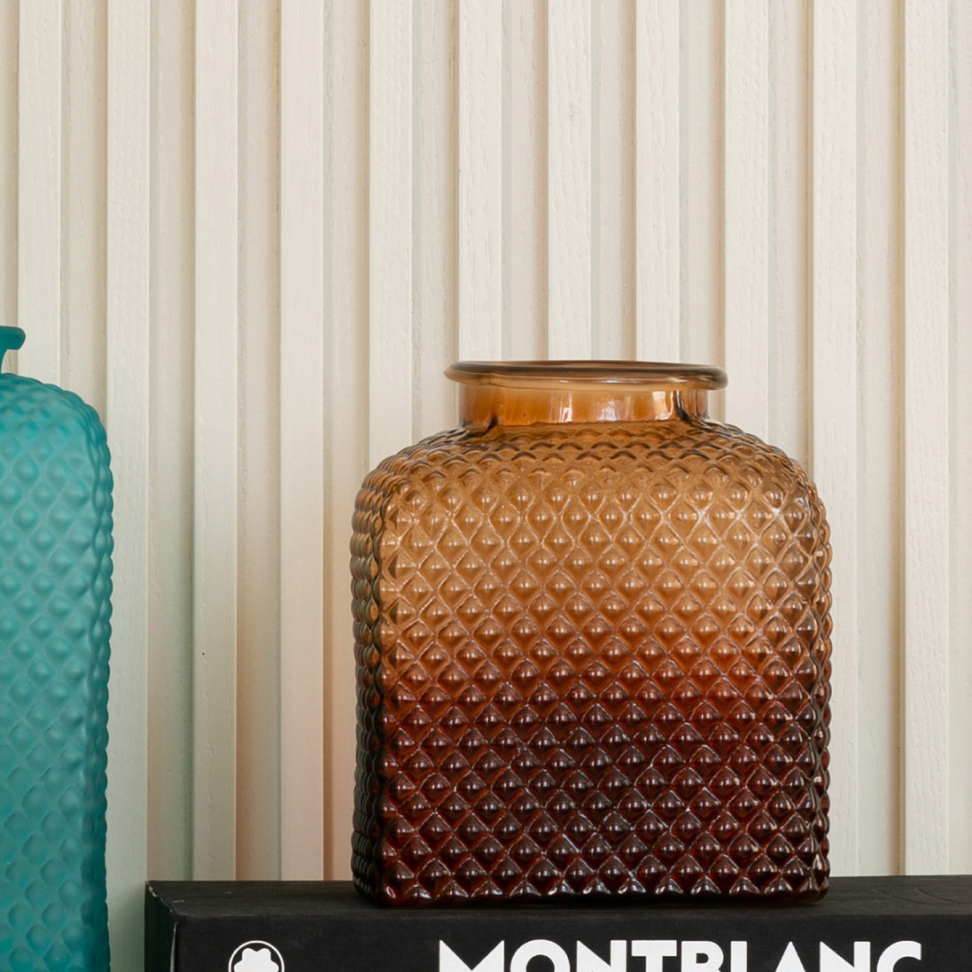 Speckle textured glass vase in light blue and amber with light-catching finish, decorative vase available in two sizes for modern home décor