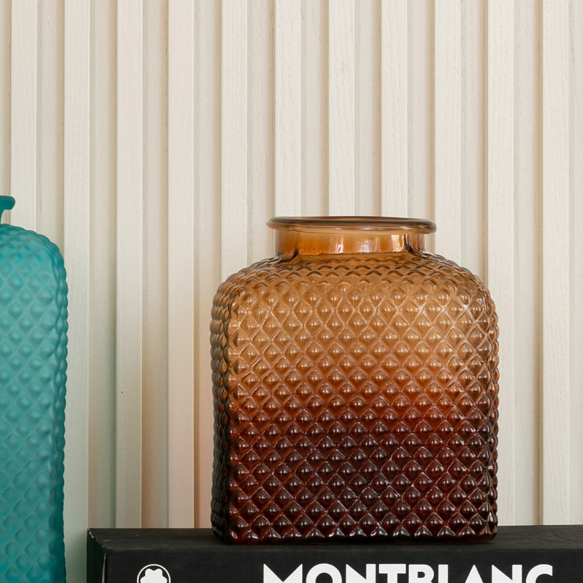 Speckle textured glass vase in light blue and amber with light-catching finish, decorative vase available in two sizes for modern home décor