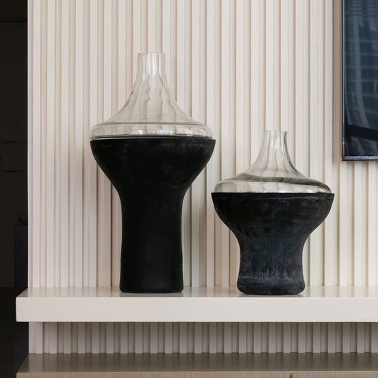 Spindle two-tone glass vase with distressed matte base and clear tubular top, modern decorative vase for luxury home décor