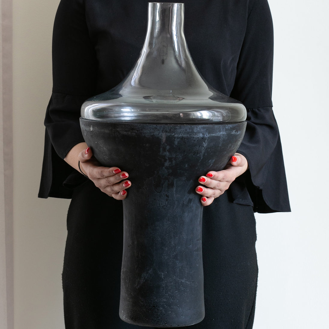 Spindle two-tone glass vase with distressed matte base and clear tubular top, modern decorative vase for luxury home décor