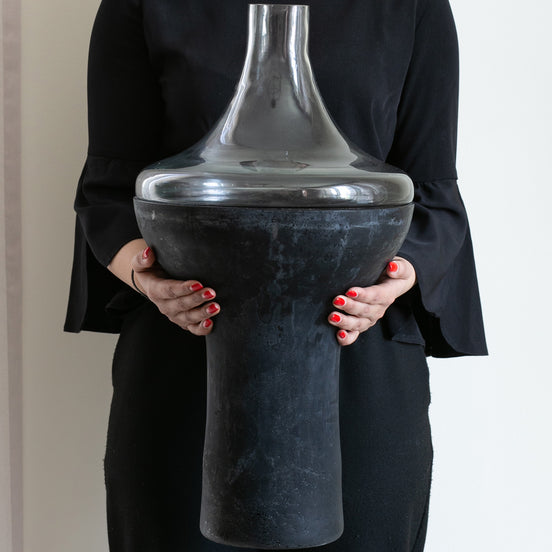 Spindle two-tone glass vase with distressed matte base and clear tubular top, modern decorative vase for luxury home décor
