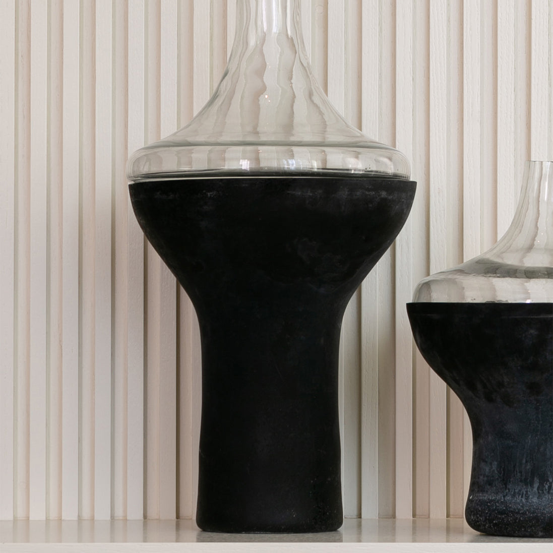 Spindle two-tone glass vase with distressed matte base and clear tubular top, modern decorative vase for luxury home décor