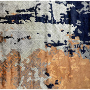 Handmade abstract rug with bold layered colours and geometric patterns for contemporary and luxury interiors.
