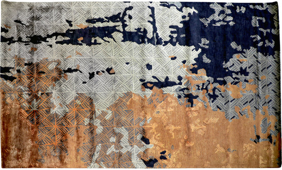 Handmade abstract rug with bold layered colours and geometric patterns for contemporary and luxury interiors.