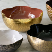 Vistoso decorative metal bowl set with textured nickel, brass and gold finishes and colourful enamel interiors for serving and home décor