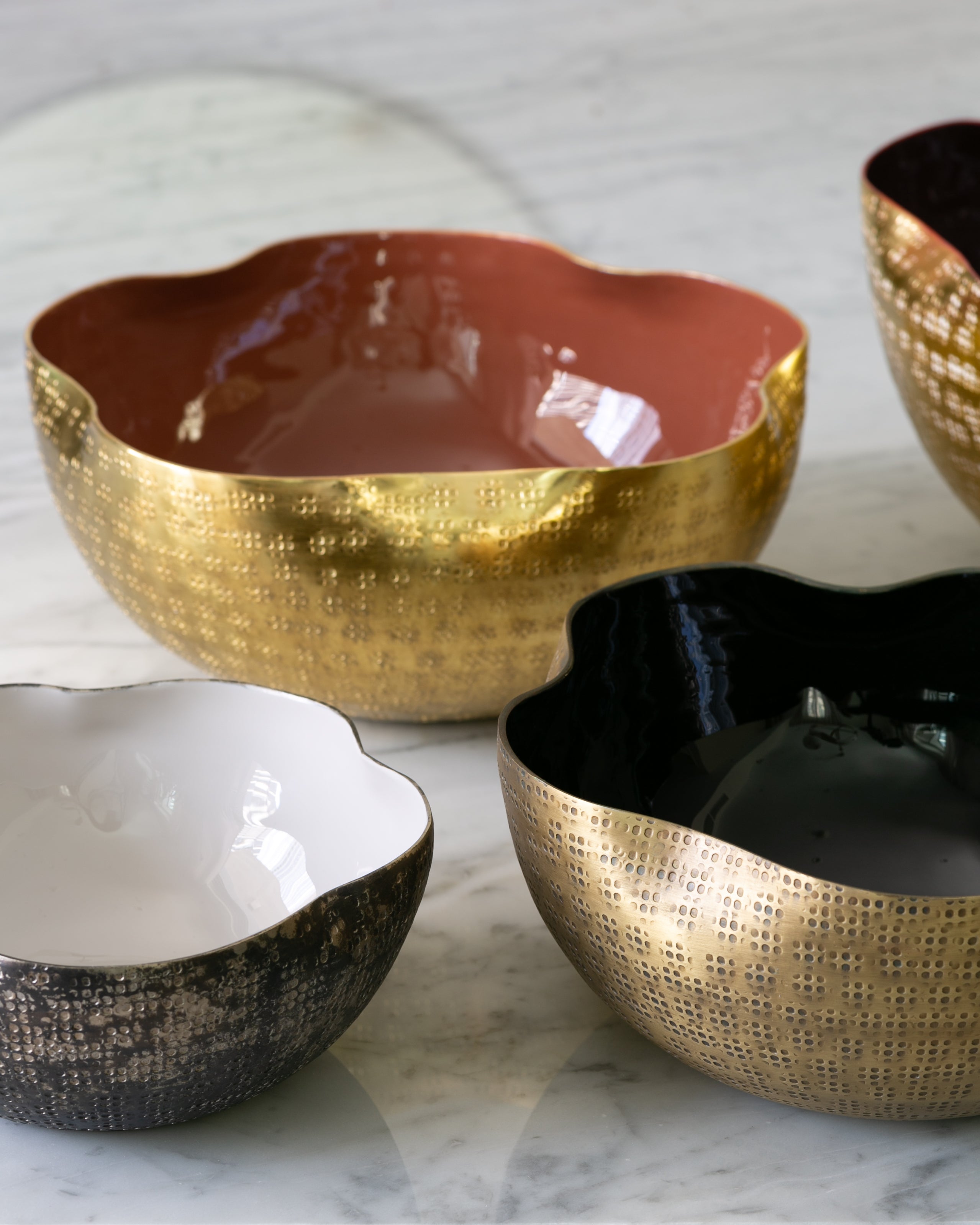 Vistoso decorative metal bowl set with textured nickel, brass and gold finishes and colourful enamel interiors for serving and home décor