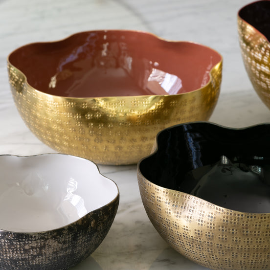 Vistoso decorative metal bowl set with textured nickel, brass and gold finishes and colourful enamel interiors for serving and home décor