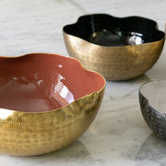 Vistoso decorative metal bowl set with textured nickel, brass and gold finishes and colourful enamel interiors for serving and home décor