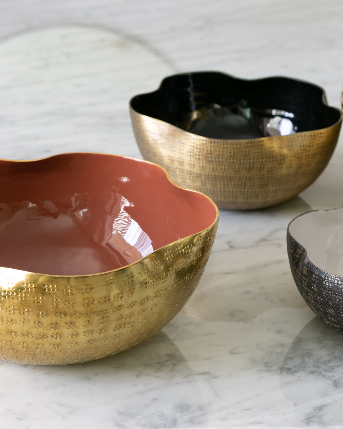 Vistoso decorative metal bowl set with textured nickel, brass and gold finishes and colourful enamel interiors for serving and home décor