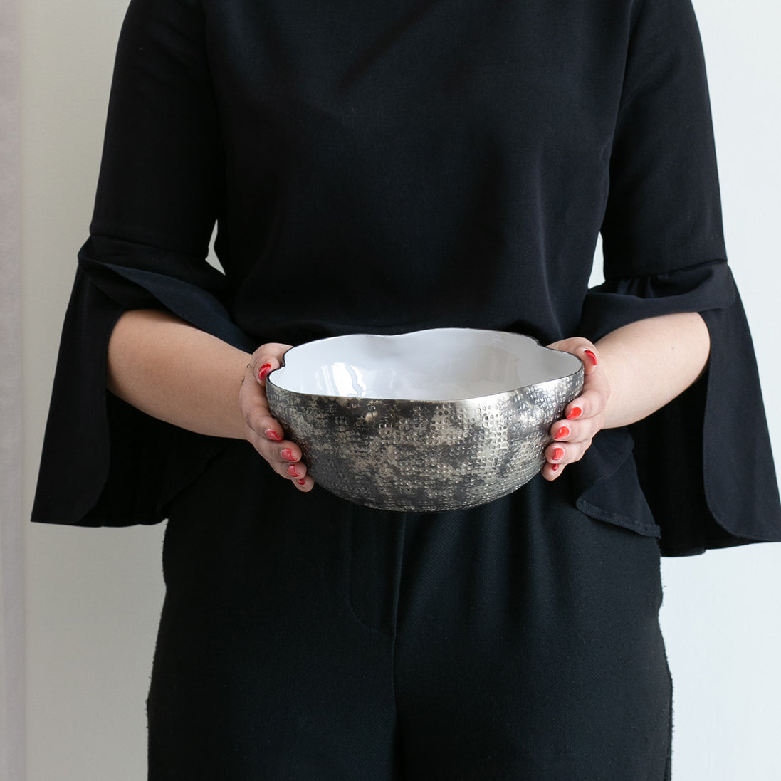 Vistoso decorative metal bowl set with textured nickel, brass and gold finishes and colourful enamel interiors for serving and home décor