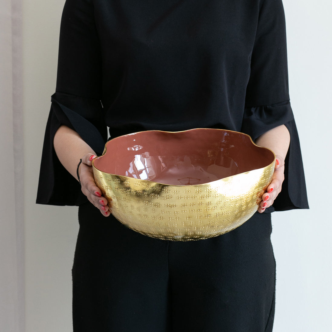 Vistoso decorative metal bowl set with textured nickel, brass and gold finishes and colourful enamel interiors for serving and home décor