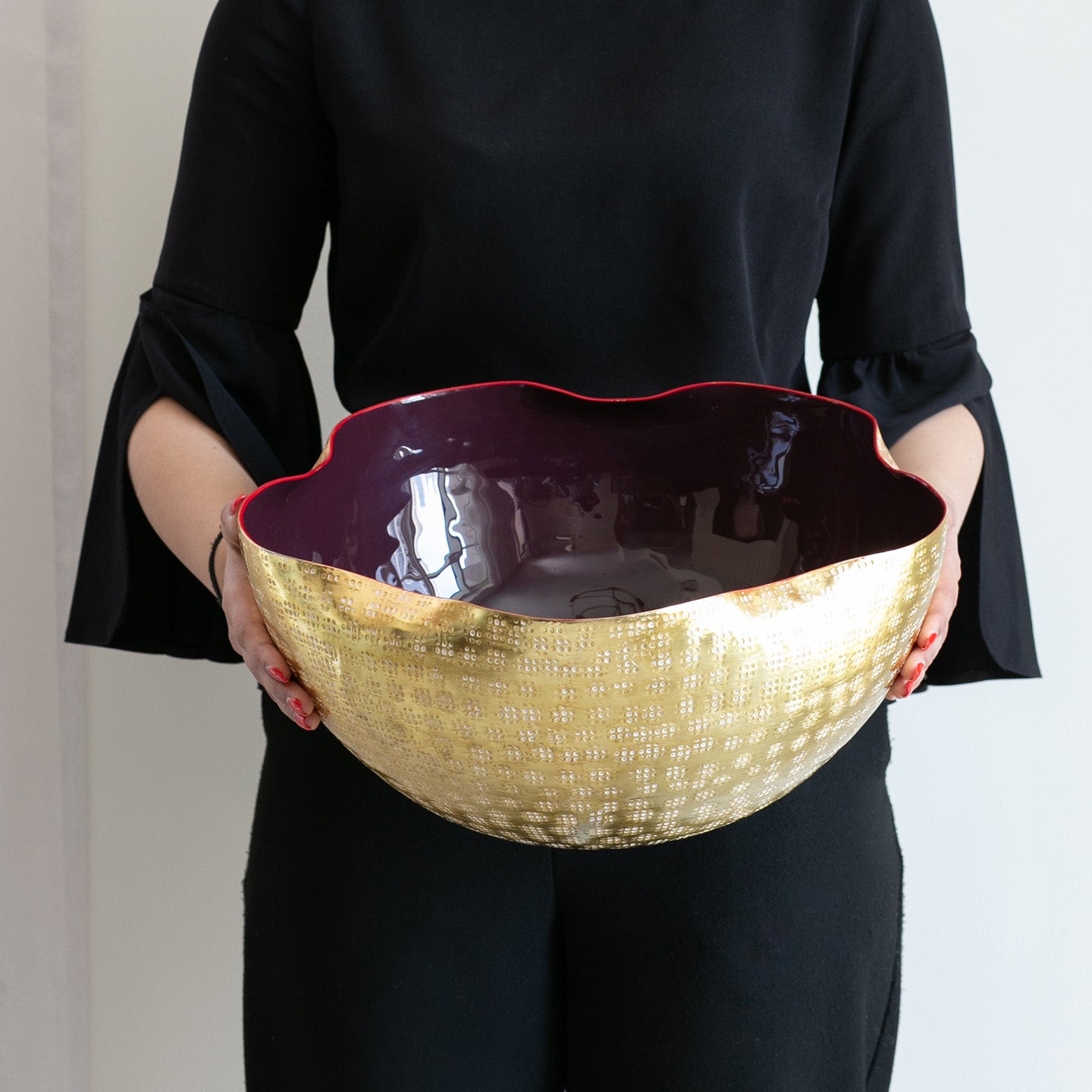 Vistoso decorative metal bowl set with textured nickel, brass and gold finishes and colourful enamel interiors for serving and home décor