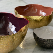 Vistoso decorative metal bowl set with textured nickel, brass and gold finishes and colourful enamel interiors for serving and home décor