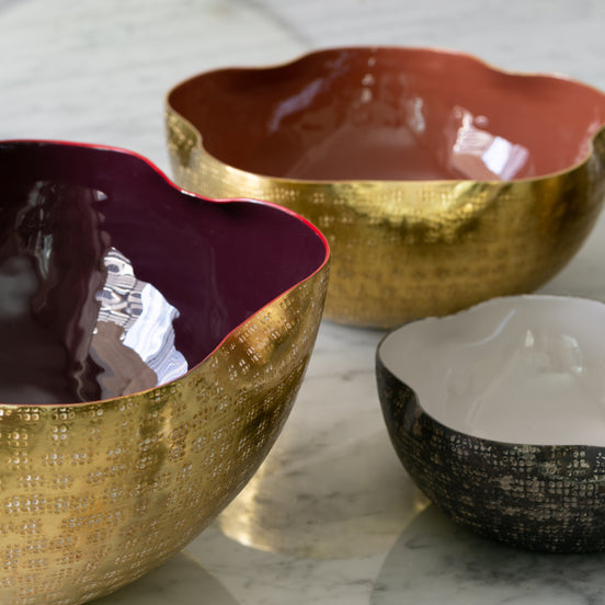 Vistoso decorative metal bowl set with textured nickel, brass and gold finishes and colourful enamel interiors for serving and home décor