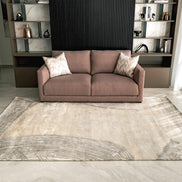 Handmade bamboo silk rug with a subtle organic border inspired by the Japanese Wabi-Sabi aesthetic in soft neutral tones.