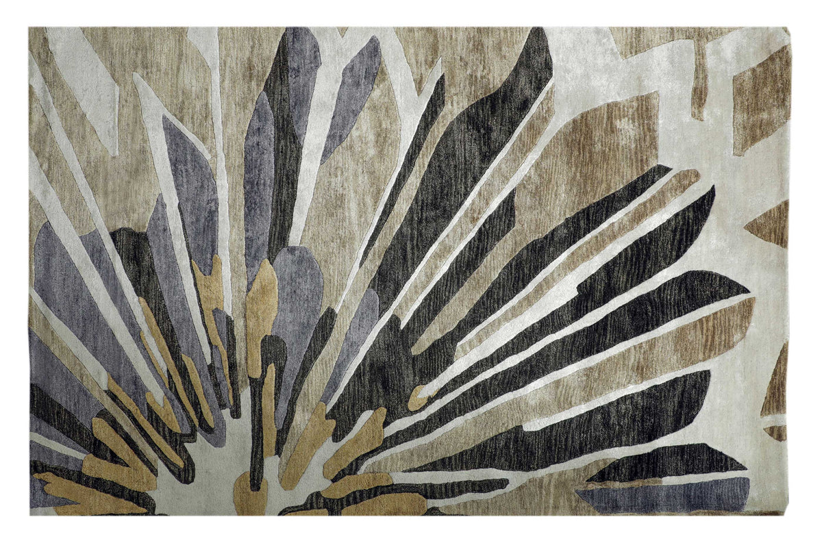 Handmade floral rug featuring a vibrant yellow blooming flower with warm neutral accents on a soft neutral background.