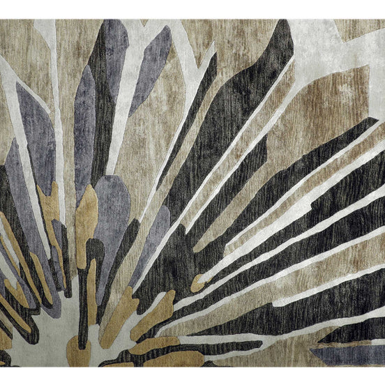 Handmade floral rug featuring a vibrant yellow blooming flower with warm neutral accents on a soft neutral background.