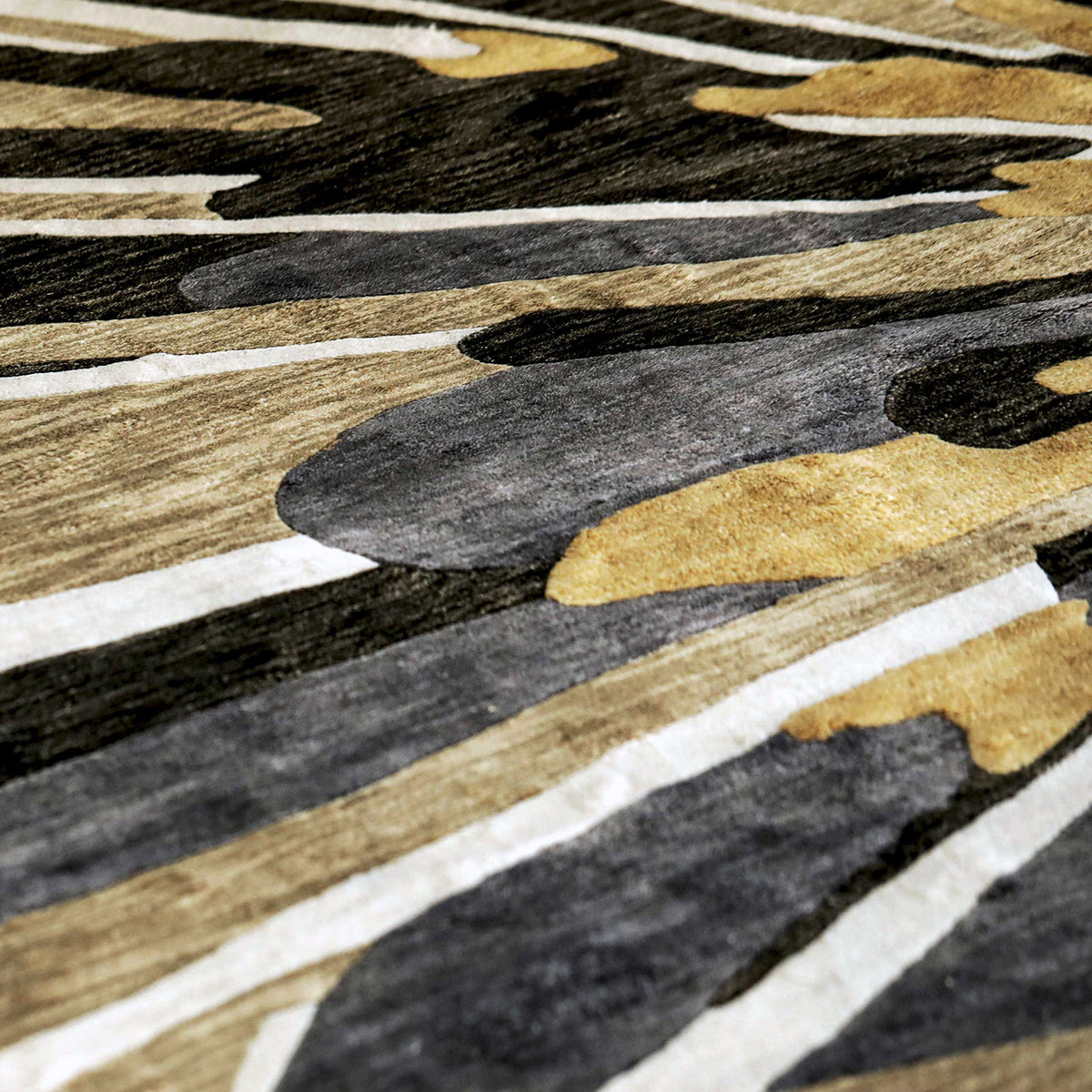 Handmade floral rug featuring a vibrant yellow blooming flower with warm neutral accents on a soft neutral background.