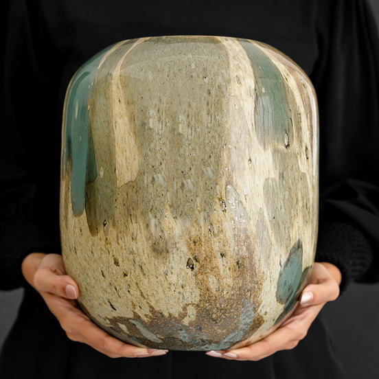 Zenith abstract glass vase with rounded shape and rich earth tone pattern, decorative glass vase for modern home décor