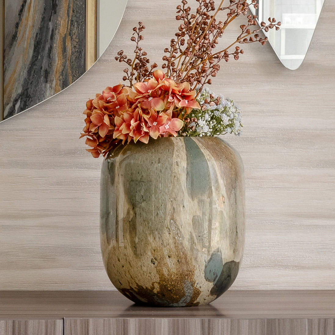 Zenith abstract glass vase with rounded shape and rich earth tone pattern, decorative glass vase for modern home décor