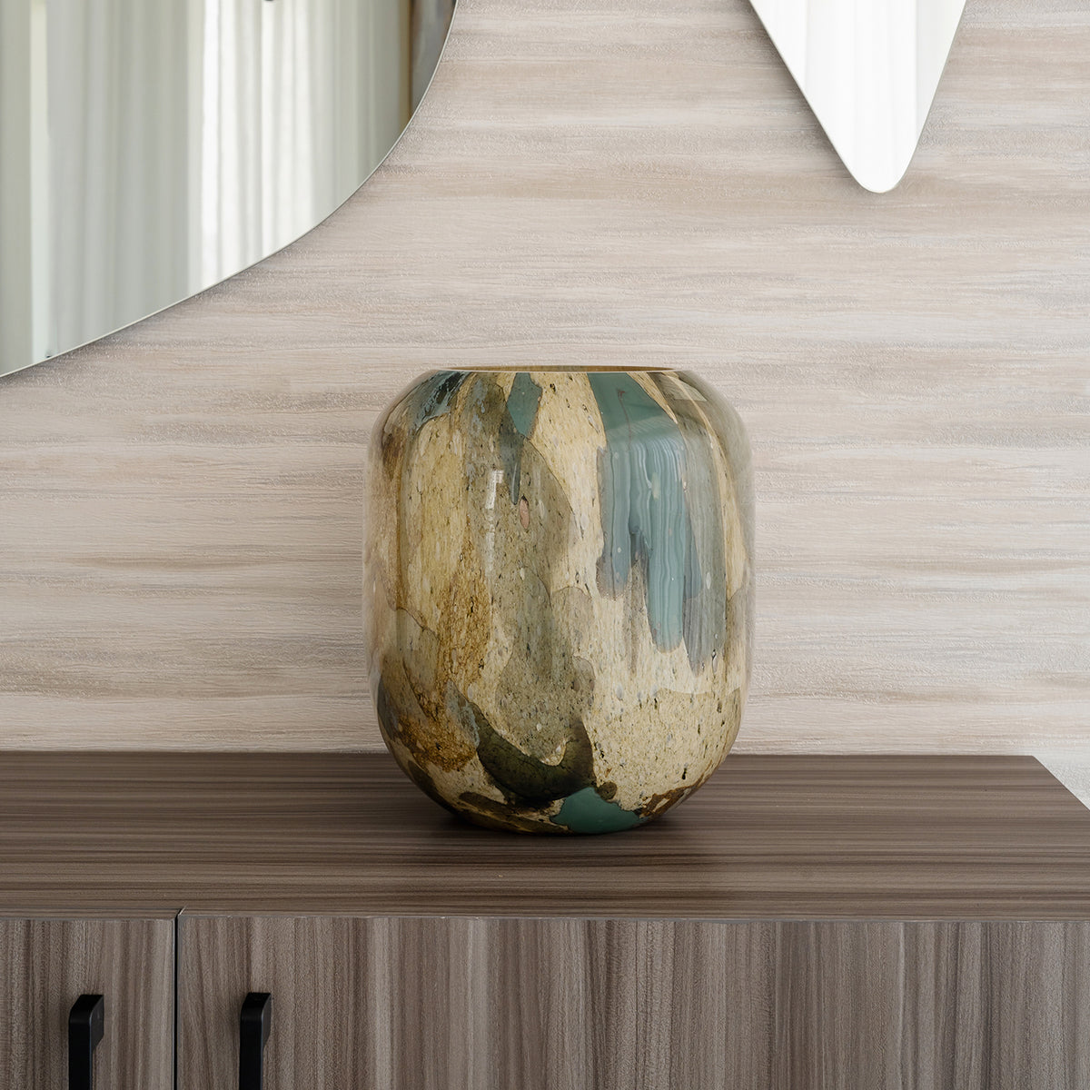 Zenith abstract glass vase with rounded shape and rich earth tone pattern, decorative glass vase for modern home décor