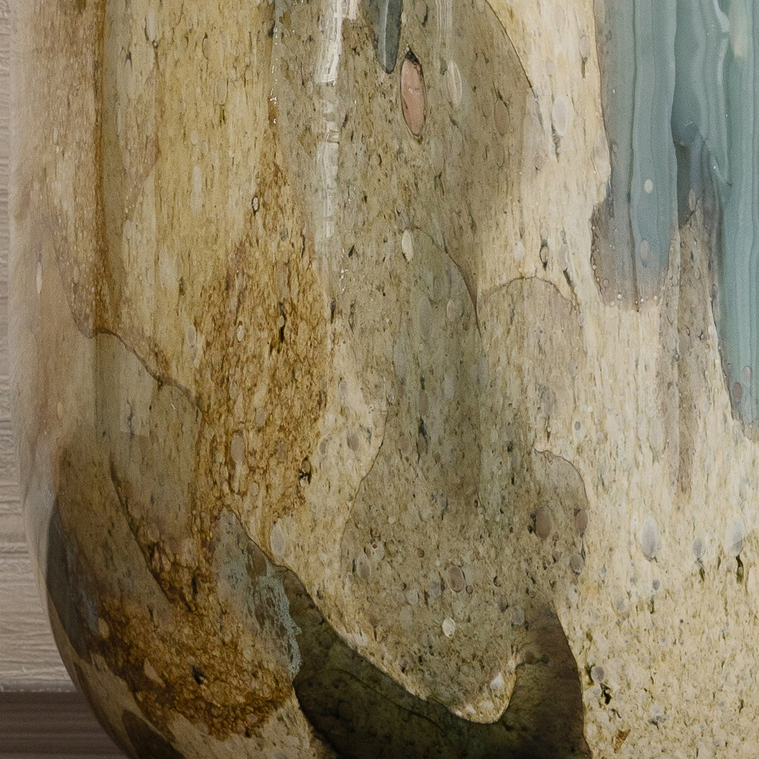 Zenith abstract glass vase with rounded shape and rich earth tone pattern, decorative glass vase for modern home décor.